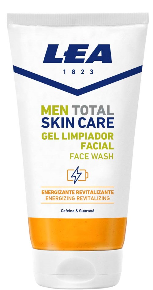 En hvit og oransje tube merket LEA Men Total Skin Care Facial Gel Wash, for å gi energi og vitalisere ansiktshuden.