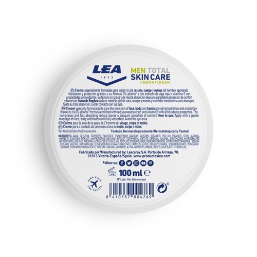 Ein runder Deckel mit blauer, weißer und gelber Schrift und Barcode, für Hautpflegecreme für Männer.