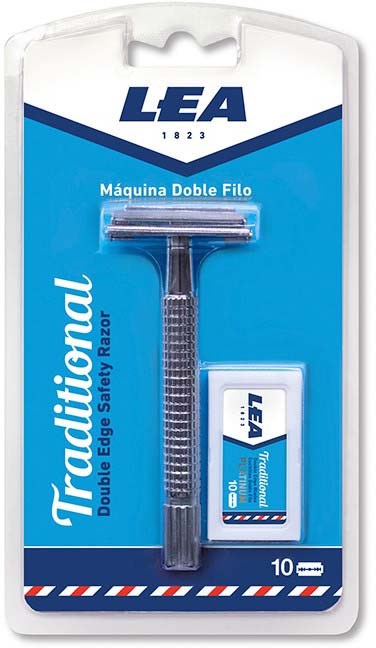 Eine Packung mit 10 doppelseitigen Sicherheitsrasierern mit blauer und weißer Verpackung und deutlich sichtbarer Marke 'LEA'.