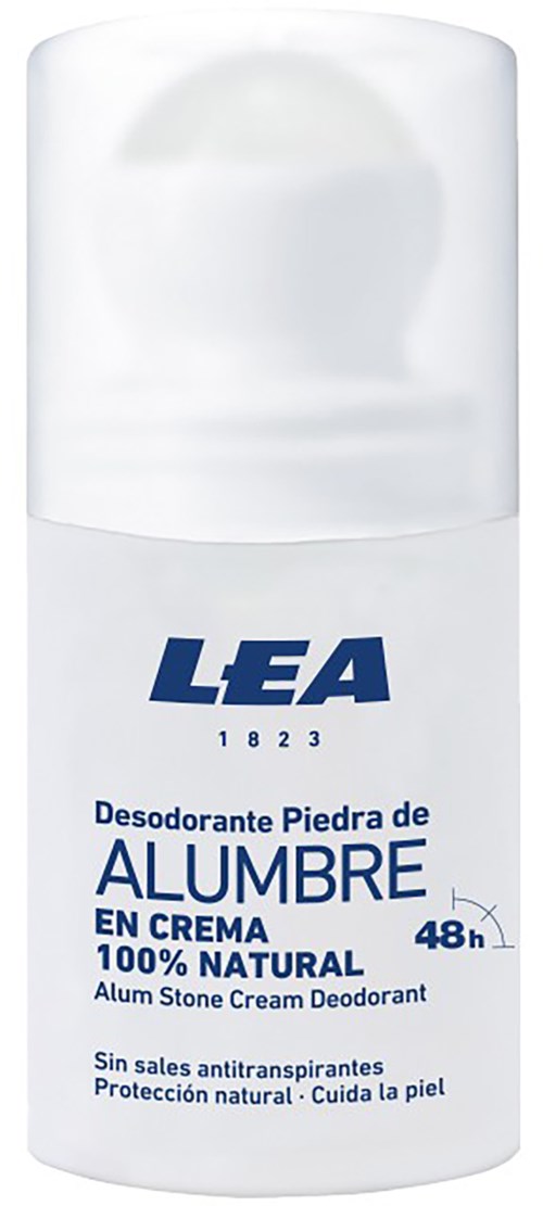 A white bottle of LEA alum stone cream deodorant. Text says it lasts 48 hours and is natural.