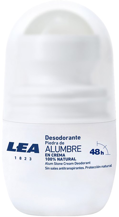 A white roll-on deodorant bottle with blue and black text, indicating it lasts for 48 hours, made with natural ingredients.