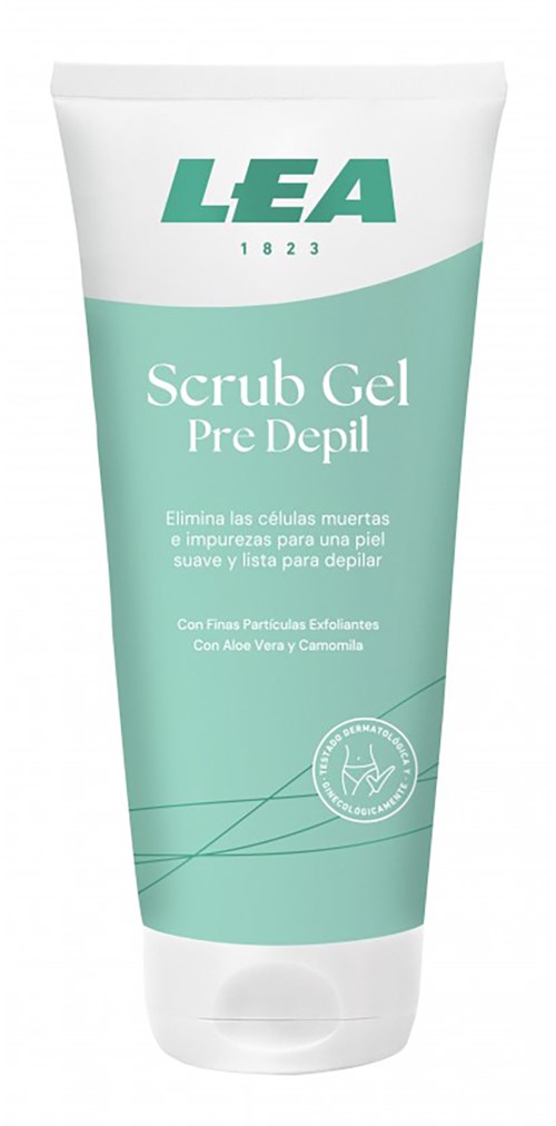 Eine Tube LEA Scrub Gel Pre Depil zur sanften Hautreinigung vor der Haarentfernung.