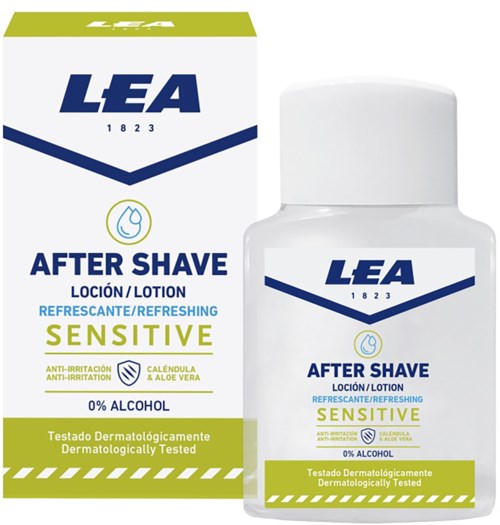 Weiße Flasche und Box mit LEA After Shave Lotion für sensible Haut, alkoholfrei, mit Aloe Vera und Ringelblume.