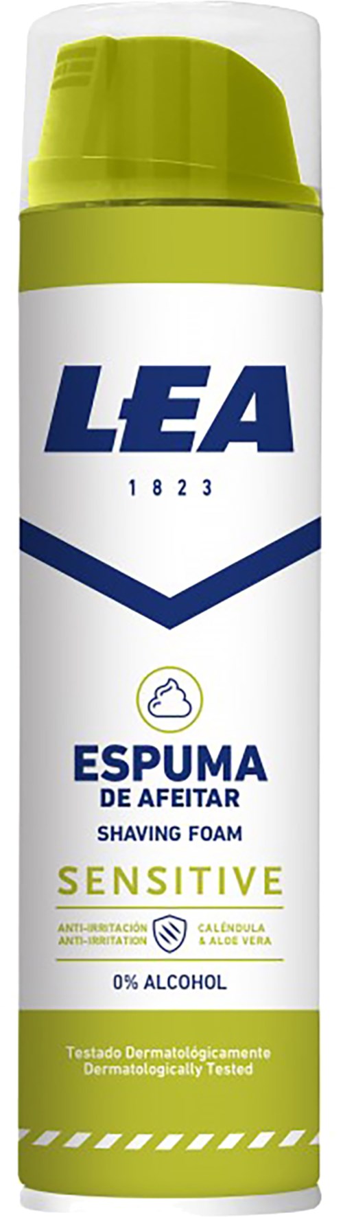 Eine Dose Sensitive Rasierschaum mit grünem Deckel und weißem Körper, beschriftet LEA, 1823, enthält 0% Alkohol.