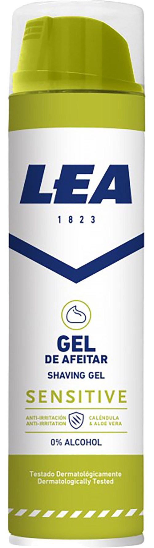 Eine weiße und grüne Dose LEA Rasiergel, gekennzeichnet als sensitive und alkoholfreie.