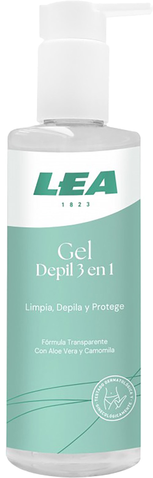 Eine klare Flasche mit Pumpe gekennzeichnet mit 'LEA Gel Depil 3 en 1' für Hautpflege und Haarentfernung.