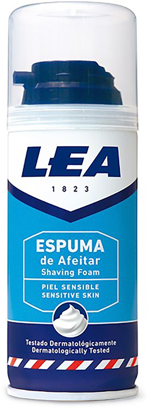 Eine Dose Rasier-Schaum mit 'LEA' für empfindliche Haut, mit durchsichtigem Deckel und blau-weißem Design.