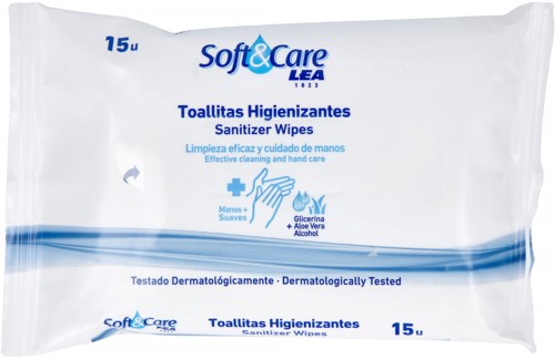 Weiße Packung mit Soft & Care Desinfektionstüchern, blauer Text, Symbole und blauer Wassertropfen-Logo.