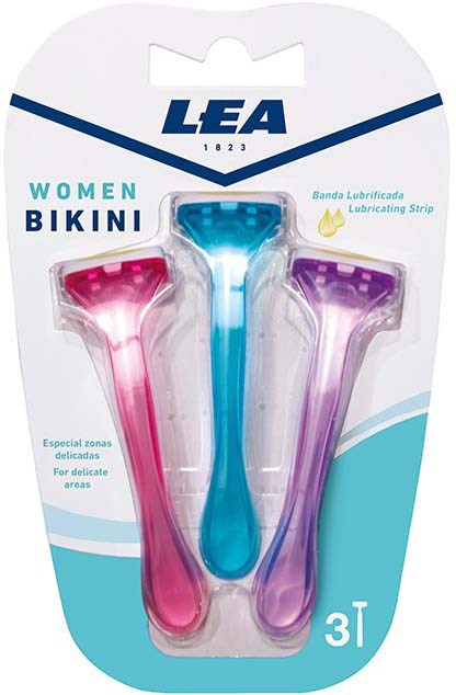 Drei Rasierer in Pink, Lila und Blau für Frauen; für empfindliche Bereiche, von LEA empfohlen.