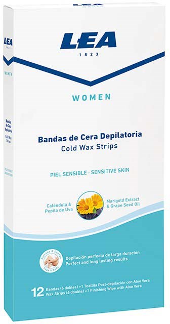 Box mit Wachsstreifen für Frauen, zeigt Markenname, Produktinfos und natürliche Zutaten wie Calendula und Traubenkernöl.
