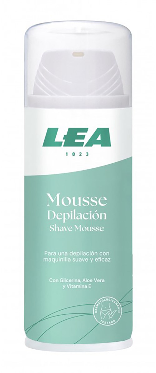 En lång vit burk med grön etikett som säger "LEA Mousse Depilación" för rakning. Den visar ett tydligt lock och text.