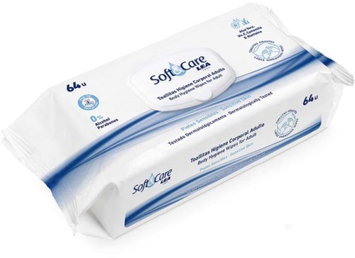 A pack of soft hygiene tissues with blue and white design, labeled for adult use, shows 64 tissues inside.