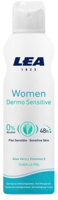 Eine weiße Flasche mit dem Label LEA Women Dermo Sensitive, ohne Alkohol, 48-Stunden-Schutz, enthält Aloe Vera.