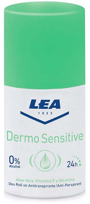 Grüne und weiße Roll-On-Deodorantmarke 'LEA Dermo Sensitive'. Enthält Aloe Vera, Vitamin E und Glycerin, hält 24 Stunden.