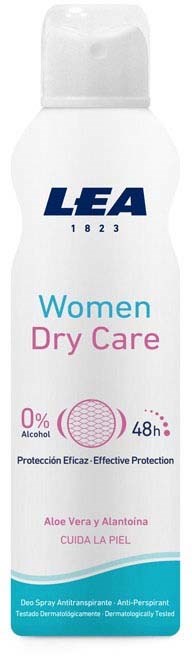 Eine weiße Sprayflasche für Damen Trockenpflege mit Aloe Vera und Alantoin, bietet 48 Stunden Schutz, alkoholfrei.