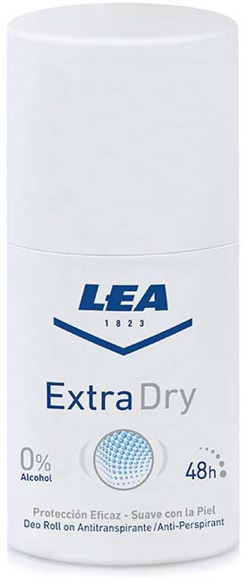 Ein weißer Roll-On-Deodorant mit blauer und grauer Schrift, beschriftet "Extra Dry" und "LEA."