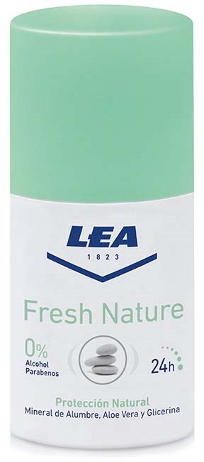 Ein grüner und weißer Roll-on mit LEA-Logo, erwähnt natürlichen Schutz, 24 Stunden, Aloe Vera und Kamille.