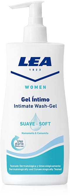 Eine weiße Flasche mit Intimwaschlgel für Frauen, mit Pumpe und blauer Schrift, inklusive Markenname LEA und Produktdetails.