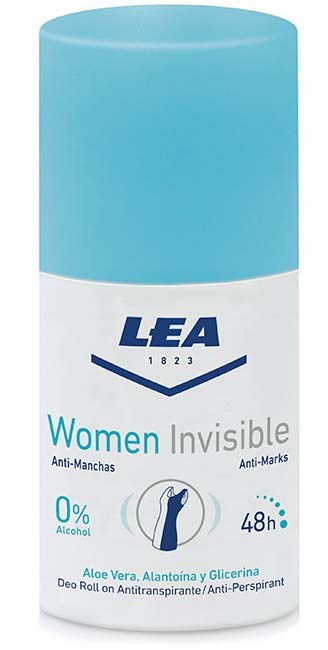 Ein blauer und weißer Deoroller mit Text über Frauen, die unsichtbar gegen Flecken sind, und Aloe Vera Vorteile.