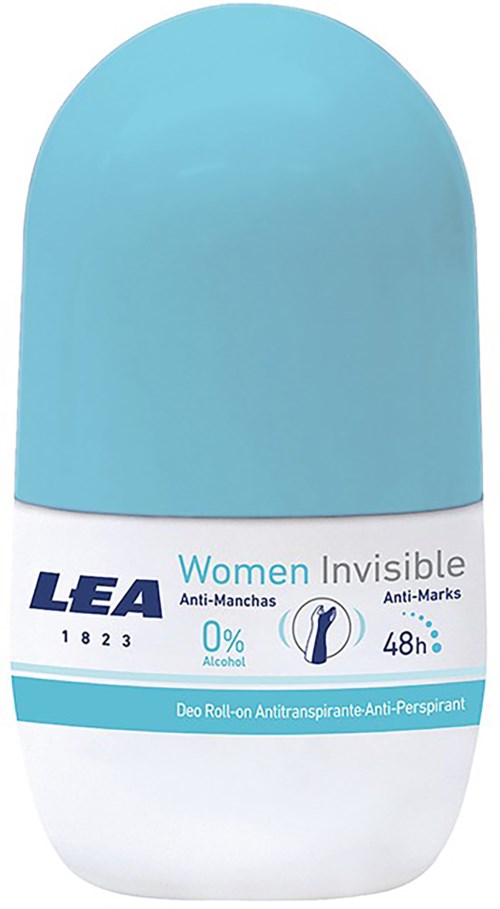 En ljusblå och vit roll-on-deodorant som heter LEA Women Invisible, med anti-fläck och 48-timmars skydd.