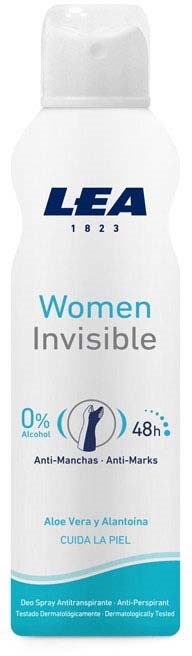 En vit roll-on-deodorant med blå text, märkta 'LEA Women Invisible', påstår sig ge 48 timmars skydd och har aloe vera.