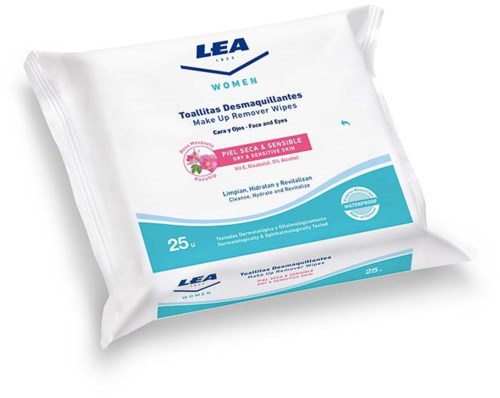 A pack of makeup remover wipes designed for dry and sensitive skin, for women, with 25 wipes inside.