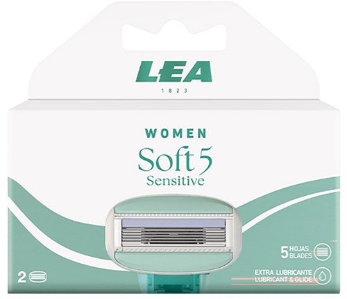 Eine Packung für Frauen Soft 5 Sensitive Rasierer mit 5 Klingen, Gleitmittel. Die Box ist weiß und grün.