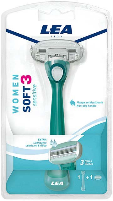 Rasierhobel in Kunststoffverpackung mit Blau und Weiß, gekennzeichnet 'LEA' und 'WOMEN SOFT 3 sensitive' mit drei Klingen.