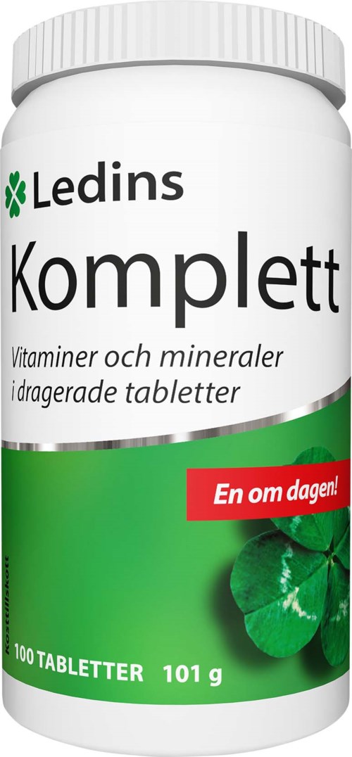 Valkoinen Ledins Komplett -pullo, vihreä etiketti ja apilainen, sisältäen vitamiineja ja mineraaleja.