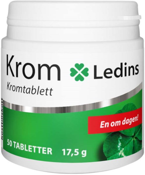 Krom Ledins -konttipurkki, jossa vihreä etiketti, 50 tablettia ja paino 17,5 grammaa.