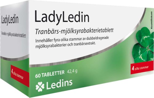 LadyLedin kuukautisherkkujen pakkauksessa vihreä pakkaus, sisältää neljä annosta ja yhteensä 60 tablettia.