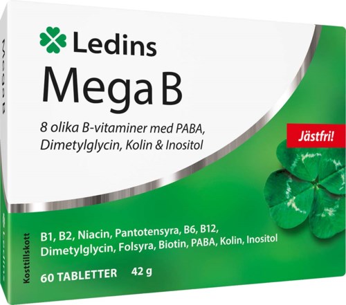Ledins Mega B-vitamiinituotepakkaus, jossa on vihreä ja harmaa etiketti, listaa B-vitamiinit ja ainesosat.