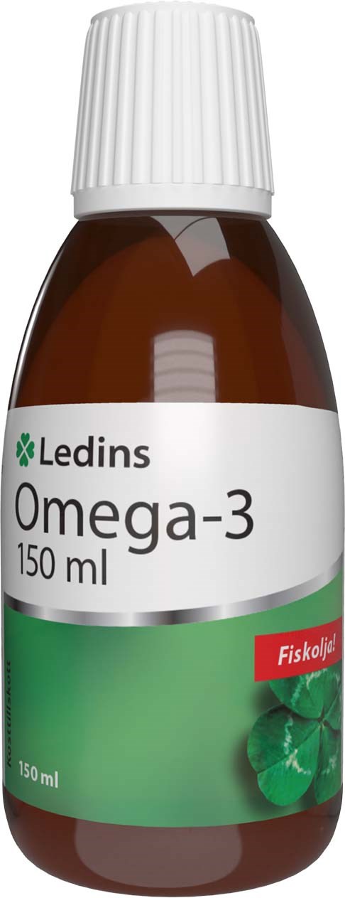 Ruskea pullo valkoisella korkilla ja etiketillä Ledins Omega-3 150 ml, vihreällä osuudella ja lehtikuvauksella.
