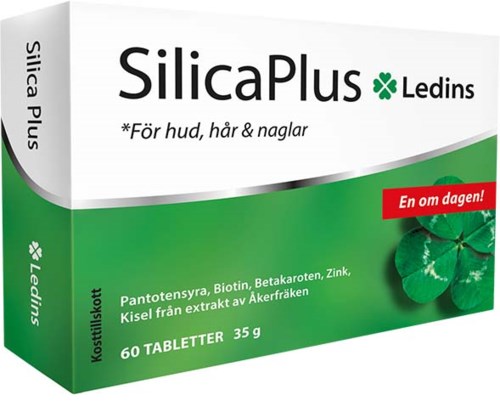 Pakkaus SilicaPlus Ledins ravintolisästä iholle, hiuksille ja kynsille, vihreät kolme lehteä.
