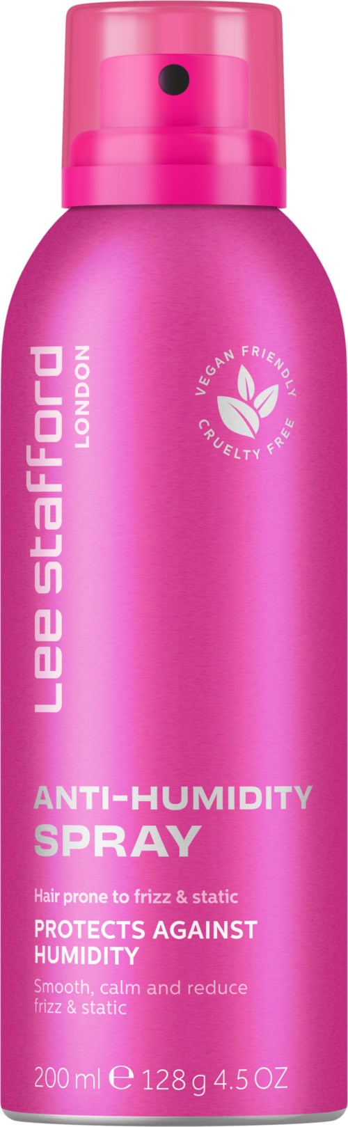 Pink bottle labeled Leave Staford London anti-humidity spray for hair, protects against humidity, reduces frizz, static. 200ml.