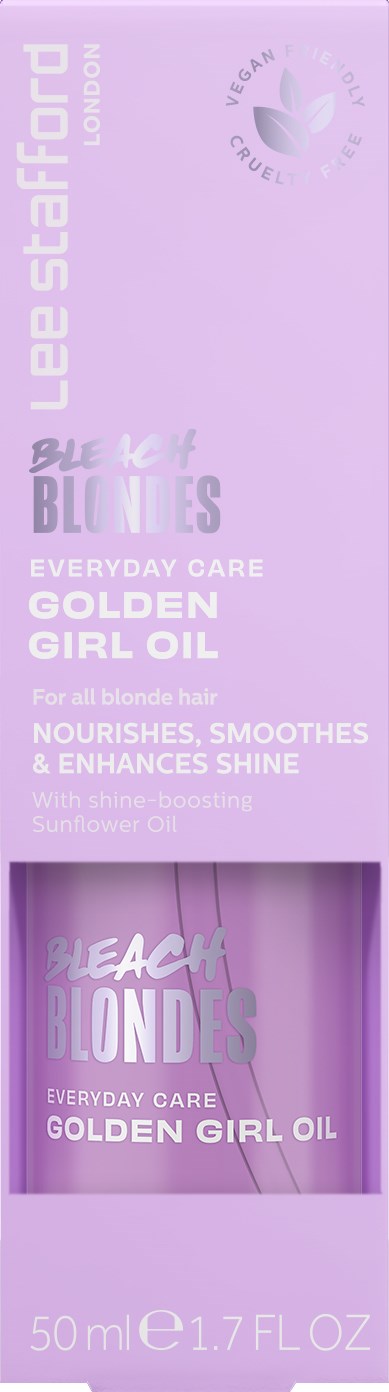 Purple box with text about hair care, mentioning Golden Girl Oil and nourishing, smoothing benefits.