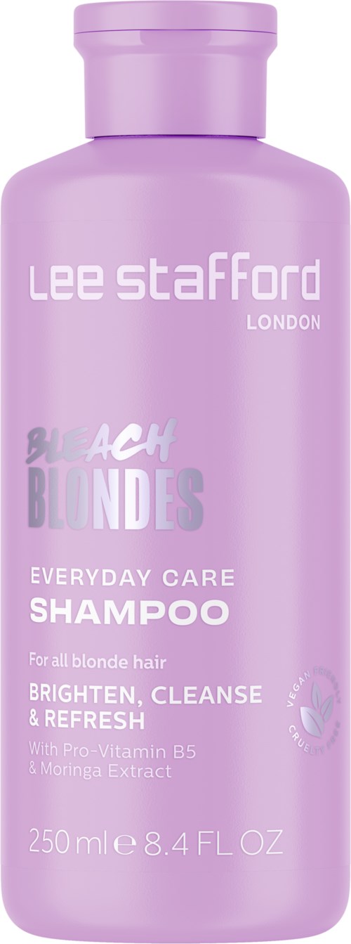 Purple shampoo bottle with text about hair care for blondes, includes ingredients and volume.