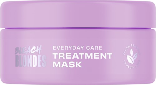 A purple container labeled 'Beach Blondes' offers an everyday care treatment mask, indicating it is vegan and cruelty-free.