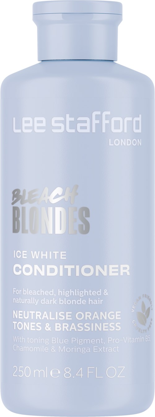 A light blue bottle of Lee Stafford conditioner for blonde hair that helps brighten and neutralize orange tones.