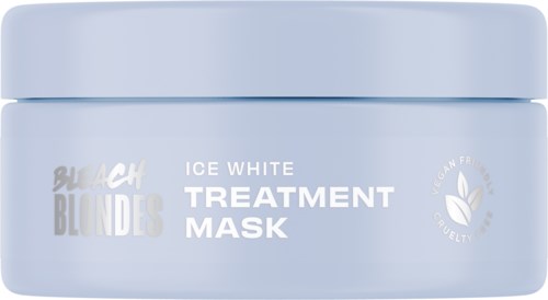 A light blue jar labeled "Beach Blondes Ice White Treatment Mask" with a logo and small text about cruelty-free products.