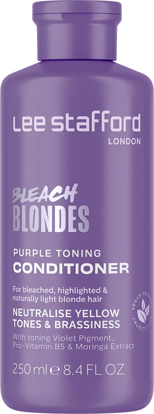 A purple bottle of Lee Stafford bleach blondes conditioner with product details on the label.