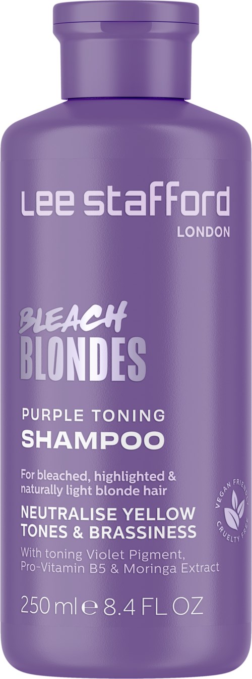 Purple shampoo bottle with white and lavender text for blond hair. The brand name is Lee Stafford.