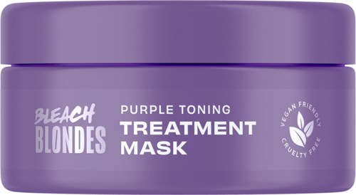 Purple jar labeled 'Beach Blondes Purple Toning Treatment Mask', vegan, cruelty-free.