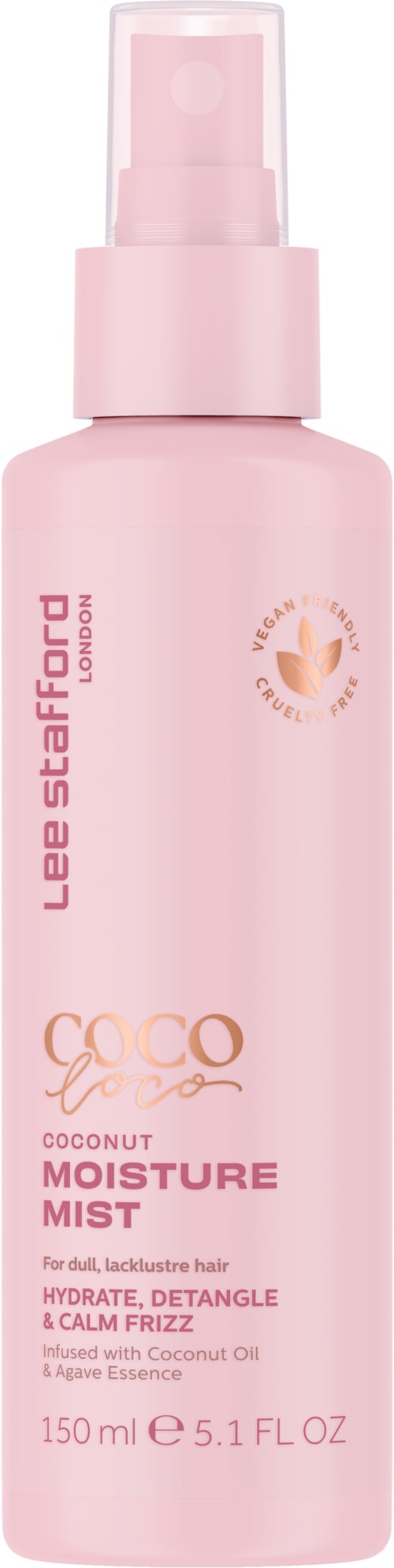 A pink spray bottle labeled 'Coconut Moisture Mist' for hair, with a spray nozzle on top.