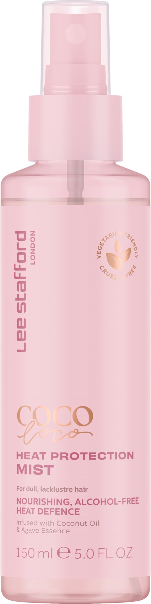 Pink spray bottle labeled 'GCOCO Heat Protection Mist' for hair, contains nourishing, alcohol-free ingredients, 150ml.