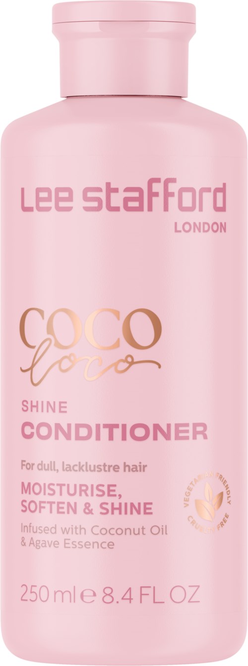 Pink bottle labeled Lee Stafford Coco for Shine Conditioner, for dull hair, contains coconut oil and agave.
