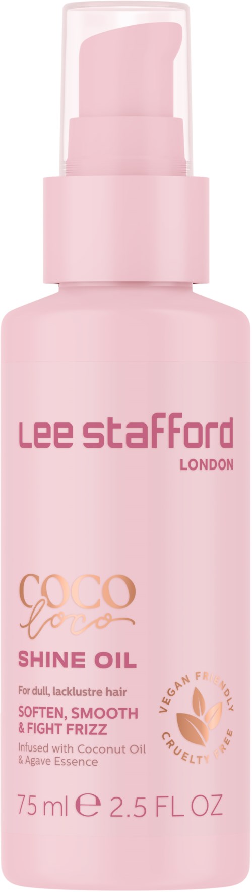 Pink spray bottle for hair, labeled for shine oil, with coconut and agave ingredients, 75 ML.