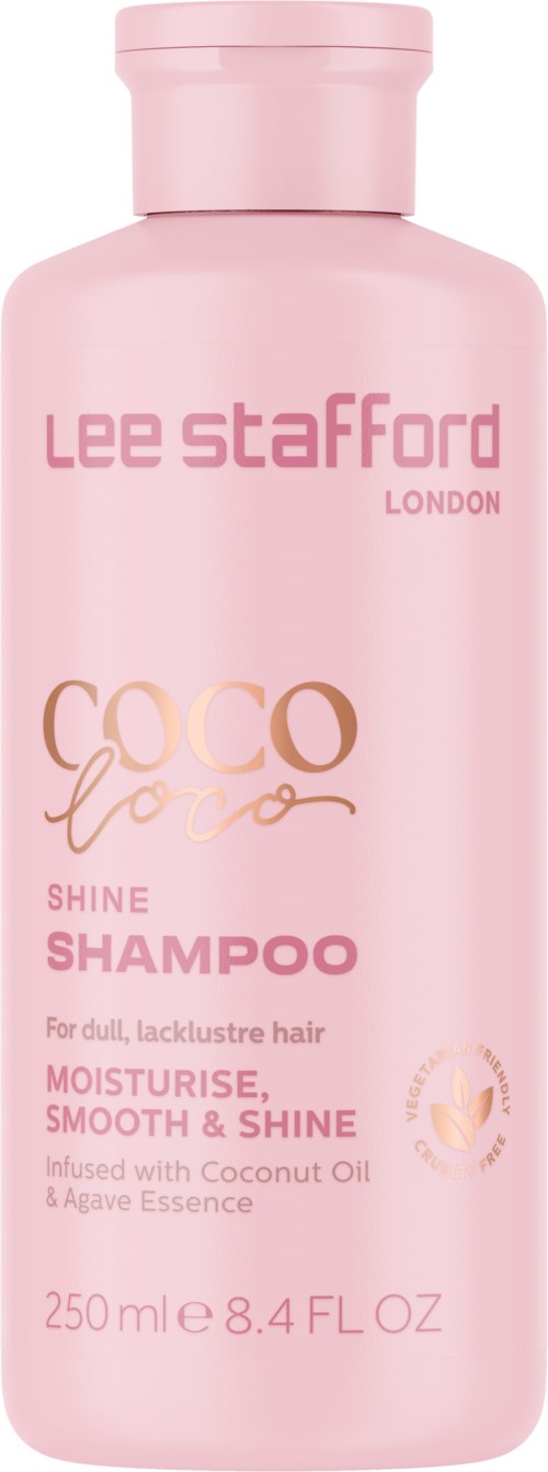 Pink bottle of COCO Love Shine Shampoo with coconut and agave ingredients for dull hair. 250 ml.