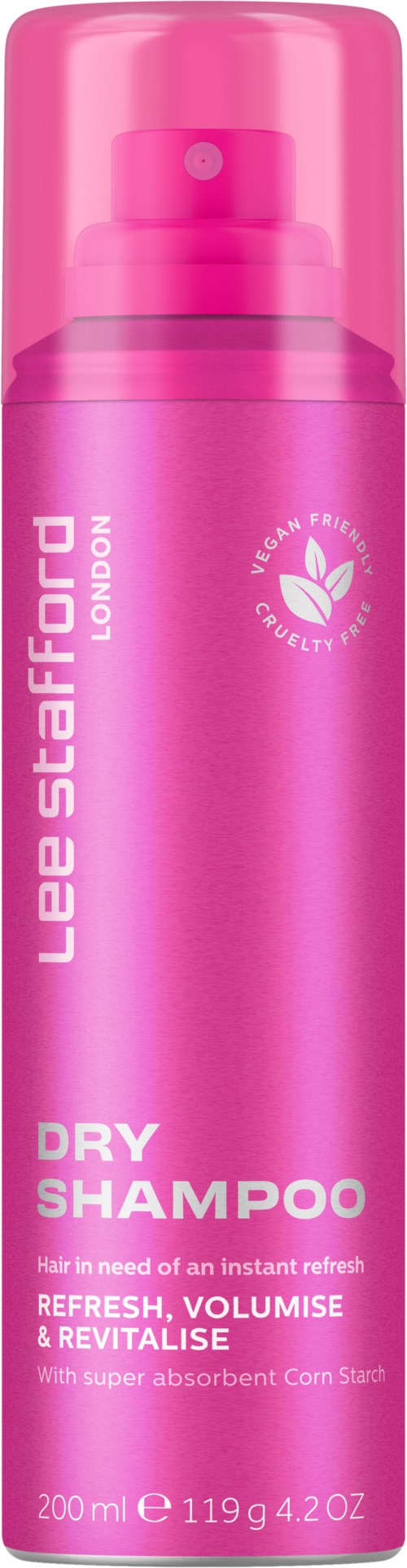 Pink bottle of Lee Stafford dry shampoo with a spray top and a logo with a leaf symbol.