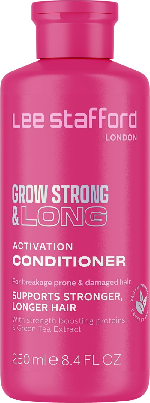 Pink bottle labeled 'Lee Stafford' with products for hair growth and strength. Contains green tea extract.